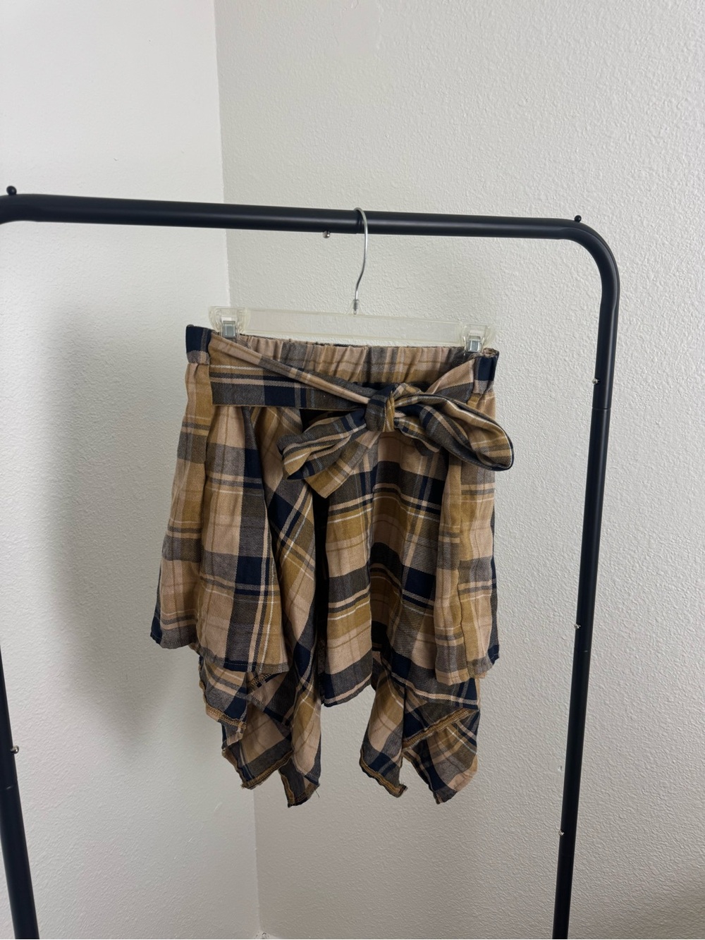 Asymmetrical Plaid Paperbag Waist Skirt with Tie - Beige Navy
